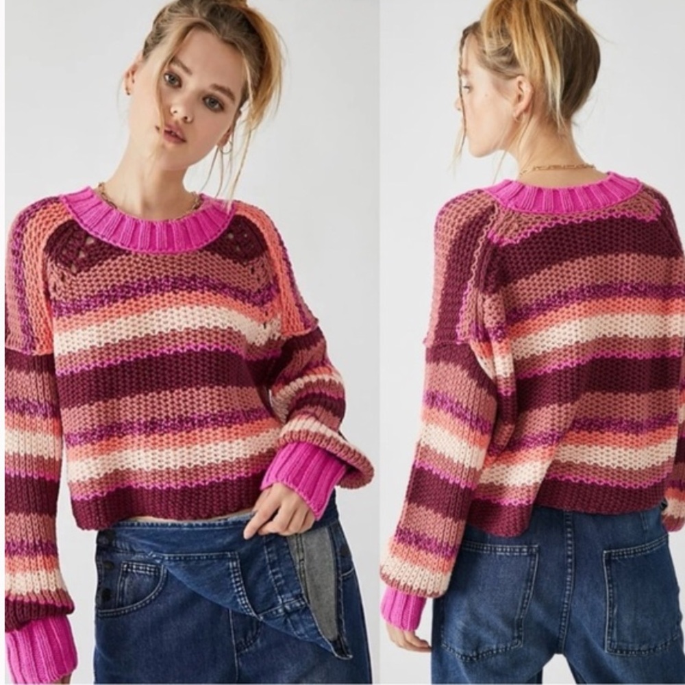 Free People Chunky Knit Pink Stripe Boho Devon Sweater Small